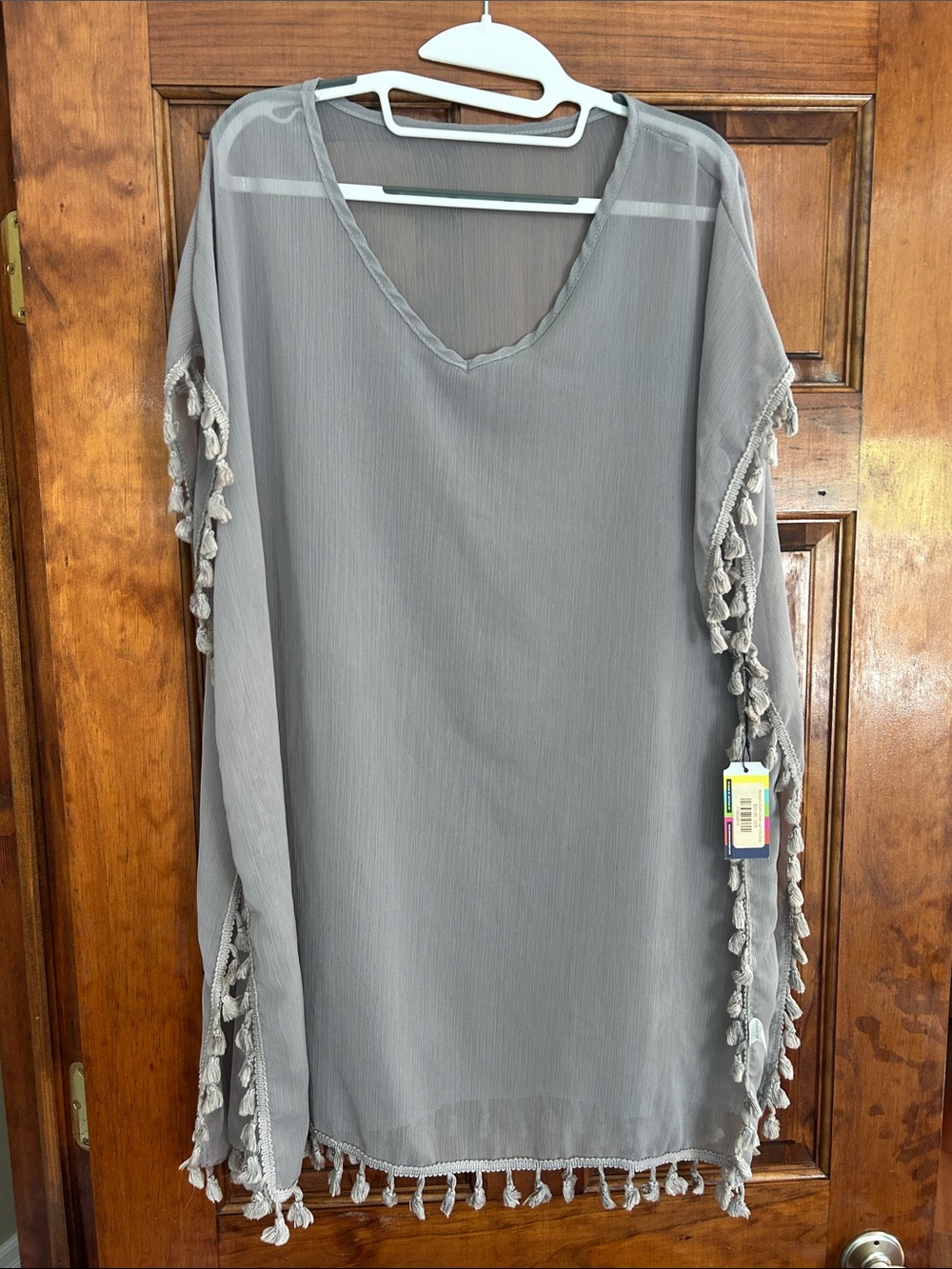 Lightweight Gray Tassel Swim Coverup - V-Neck Beach Kaftan